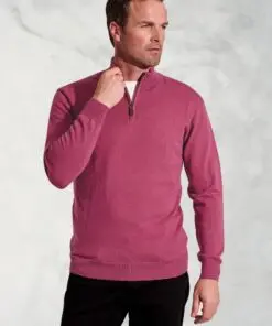 Sussex Raspberry Cotton Merino Zip Neck Jumper