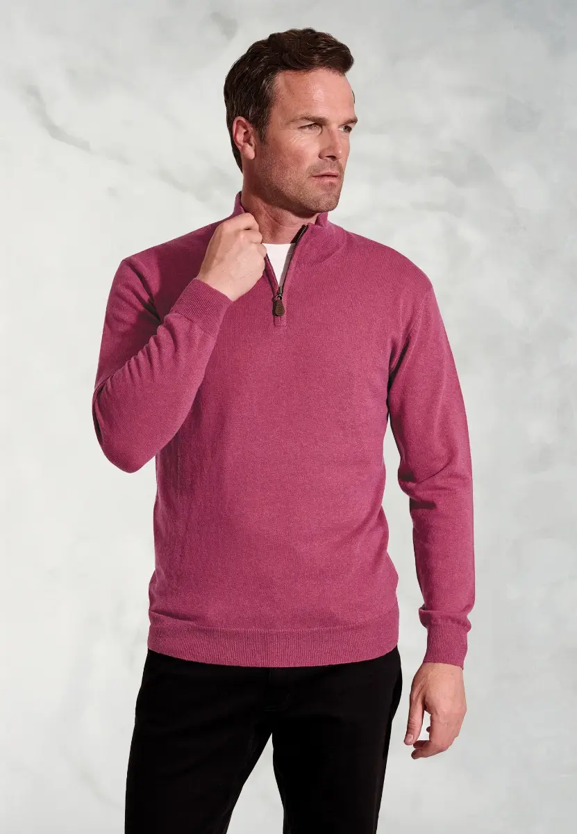 Sussex Raspberry Cotton Merino Zip Neck Jumper