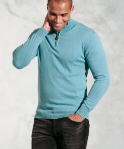 Sussex Aqua Cotton Merino Zip Neck Jumper