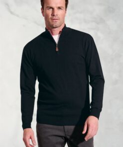 Sussex Black Cotton Merino Zip Neck Jumper