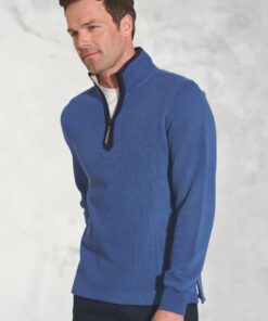 Turner Blue Fine Rib Cotton Zip Neck Sweatshirt