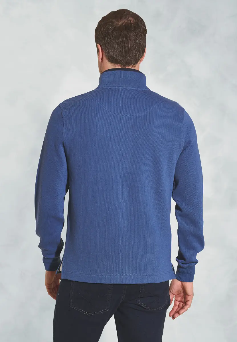 Turner Blue Fine Rib Cotton Zip Neck Sweatshirt - Image 2