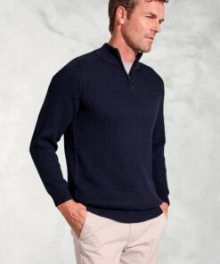 Wayne Navy Rib Knit Zip Neck Jumper