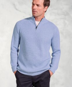 Wayne Sky Blue Rib Knit Zip Neck Jumper