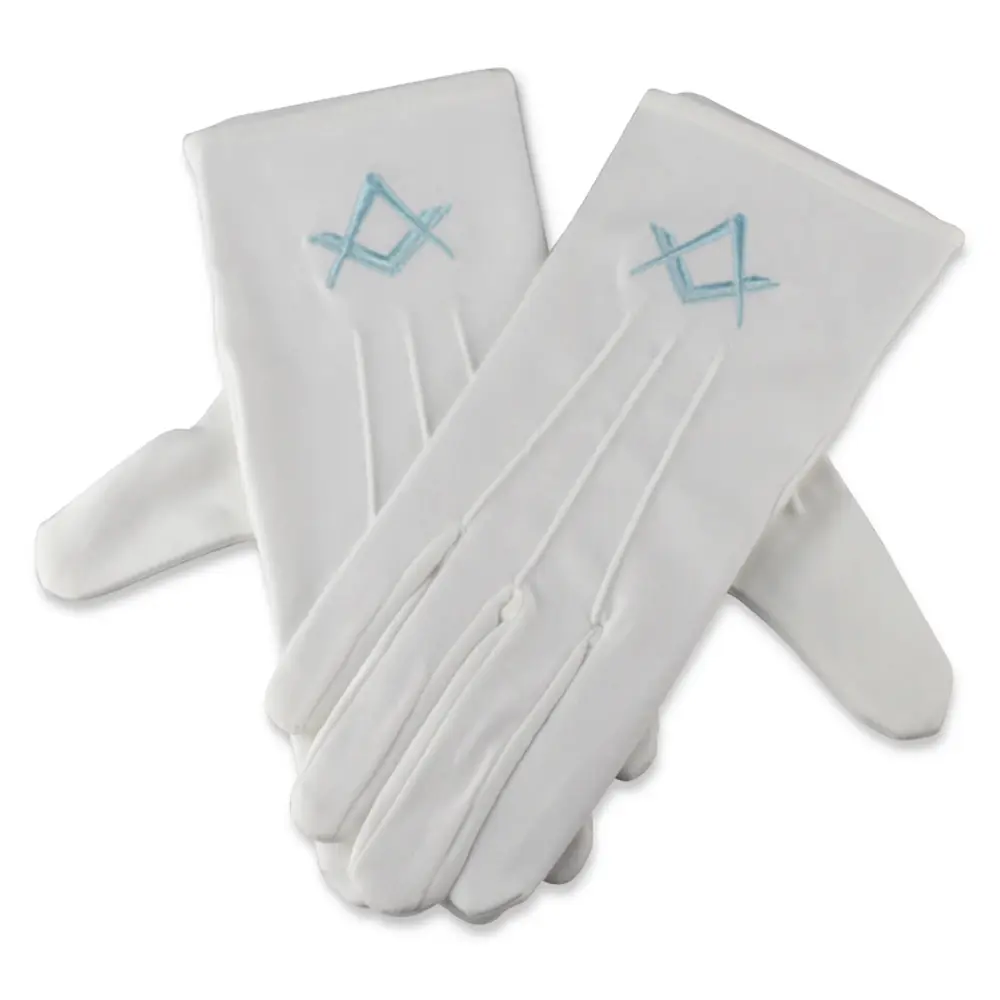 White Cotton Gloves With Light Blue Square & Compass Motif