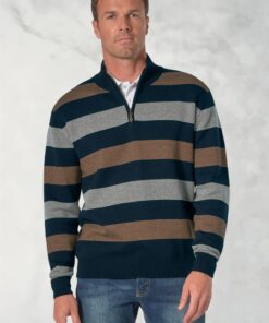 Woodbridge Navy Stripe Zip Neck Cotton Jumper
